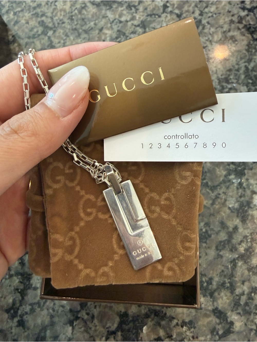 Gucci Silver-Tone Rectangular Logo Pendant Necklace